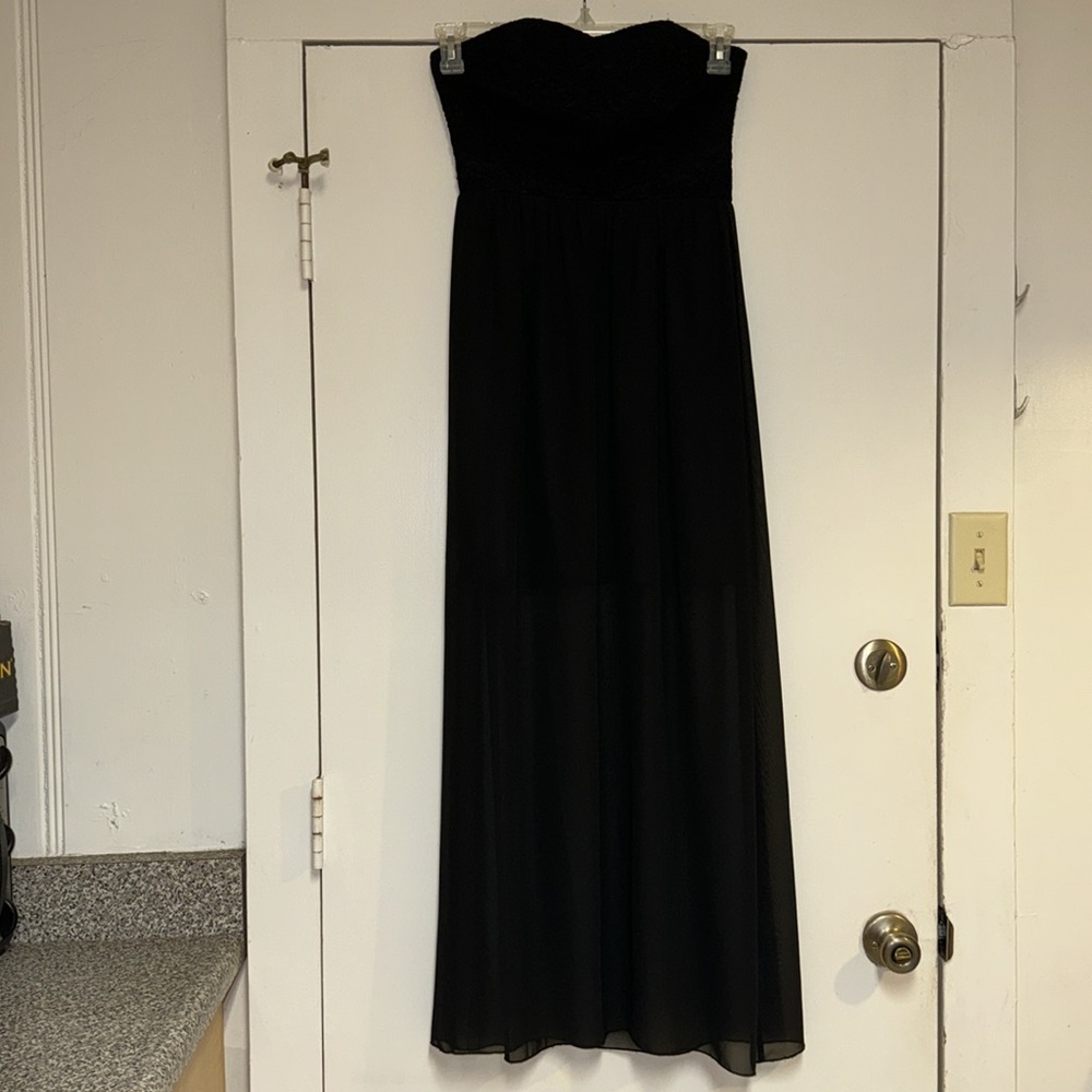 Sweet Storm Black Strapless Sheer Maxi Dress Lace Sweetheart Bodice Hi-Low Skirt
